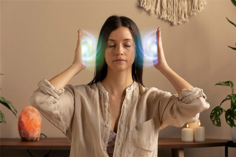 Client relaxing during a calming Reiki and light therapy session